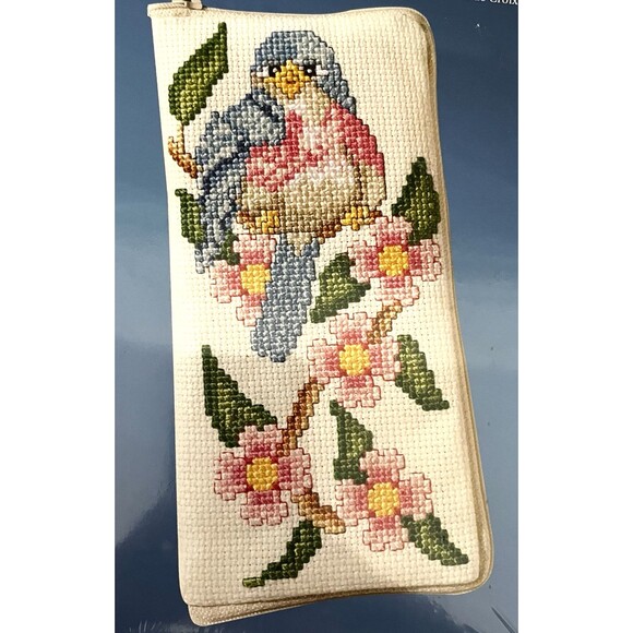 Janlynn Blue Bird Dogwood Floral Eyeglass Case Pre-Finished Cross Stitch Kit - Picture 1 of 4